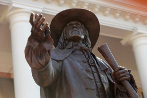 The statue of Richard Smith unveiled in 2015 as part of Smithtown's celebration of its 350th anniversary.