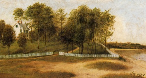 Portion of James Long Scudder's 1875 painting of the Hawkins House.