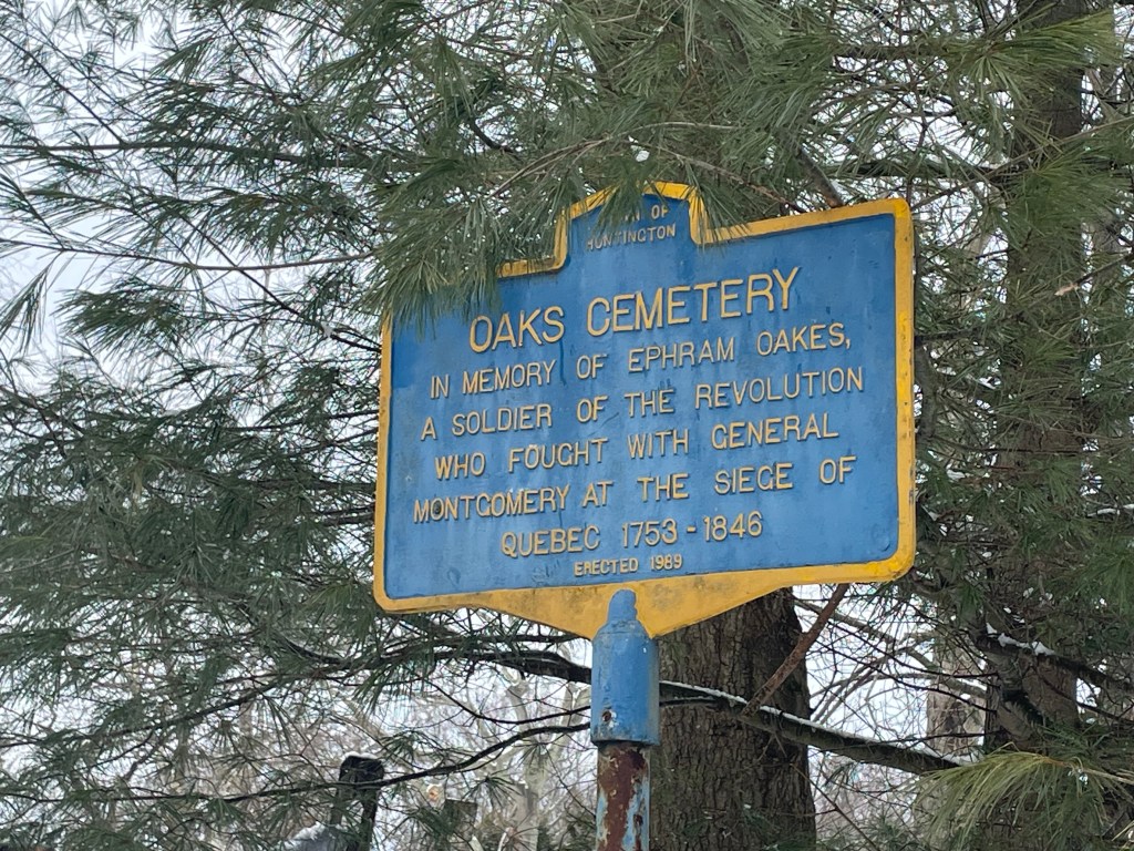Blue and yellow historic marker for Oakes Cemetery